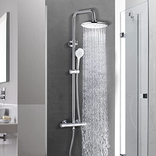 Dolinvo Colonne de Douche Thermostatique 38℃ Blanc avec Douchette à Main 3 Jets D’eau Système de Douche Ronde Hauteur Réglable 780-1140mm Ensemble Douche Laiton H59A Chromé pour Salle de Bains
