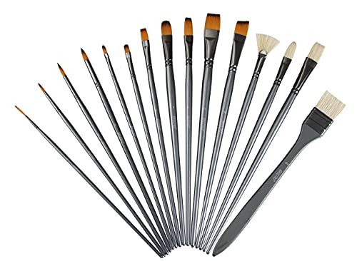 Image of Brustro Artists Mixed Hair Brush - Set of 15 (5 Flat, 1 Fan, 4 Round, 4 Filbert, 1 Angle) in PU Bag | Long Handle, Suitable for Oil Paints, Acrylic Paints, Watercolour.