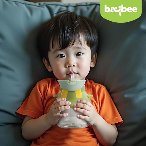 Image of Baybee Bubbly Kids Sipper Water Bottle 670ml | BPA Free & Leakproof Safe Sipper Bottle with Straw | Cute Rabbit Design Smooth Sipping with Handle & Neck Strap, Flip Lid for School Kids & Babys (Green)