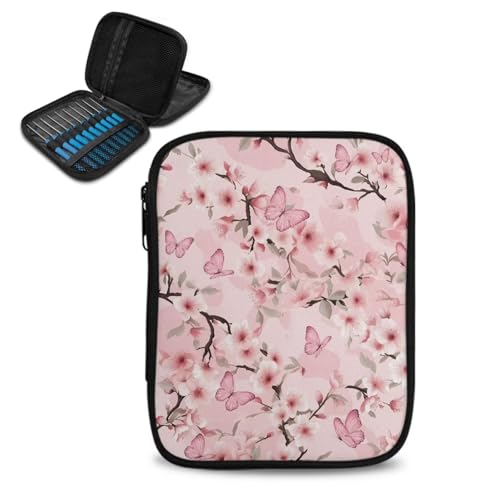 Image of Crochet Hook Case Pink Floral Crochet Hook Holder Portable Crochet Hook Storage Bag with Web Pockets Suitable for Crochet Needles /Knitting Accessories