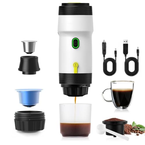 aichilra Portable Espresso Machine, 20 Bars Extraction Travel Coffee Maker with USB Cigarette Lighter, Car Coffee Maker Compatible with NES Capsule & DG Capsule & Ground Coffee for Camping, Office