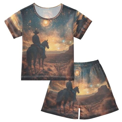 ALAZA Animal Horse Galaxy Nebula Pajamas Set Short Sleeve Cotton Sleepwear Summer Pjs 2 Piece 5-14Y