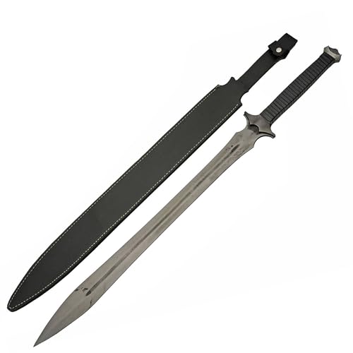 SZCO 37” Dark Xiphos Sword – Full Tang Double Edged Medieval Replica Sword with Leather Sheath, Manganese Steel Blade, Leather Wrapped Handle – LARP, Cosplay, Renaissance, Display & Training