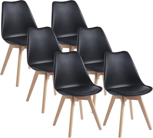 DEWINNER Chaises de Salle à Manger Scandinave Lot de 6, Chaise Noire, Chaise Bureau avec Pieds en Bois de Hêtre Massif, Chaise de Cuisine, Idéal pour Salon, Chambre à Coucher