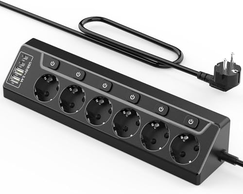 Inhwatek Eck Steckdosenleiste Überspannungsschutz mit USB C, 6 Fach Tischsteckdose Mehrfachsteckdose mit 2M Kabel (4000W,16A), Verteilersteckdose für Küchemit Heim Büro 1