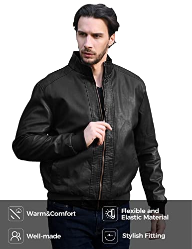 WenVen Men's Stand Collar Fleece Lined Bomber Faux Leather Jacket3