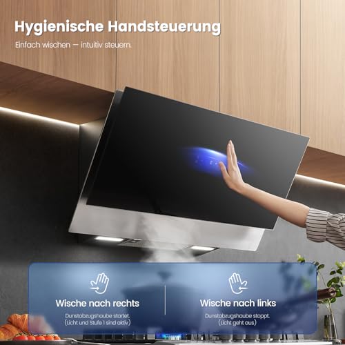 COMFEE’ A++ Dunstabzugshaube 90 cm, 800m³/h Luftstrom, Kopffrei Wandhaube Umluft und Abluft, Touchscreen, Gestensteuerung, 4 Geschwindigkeiten, 68dB, LED, ANGJ72B-90PRO-EU