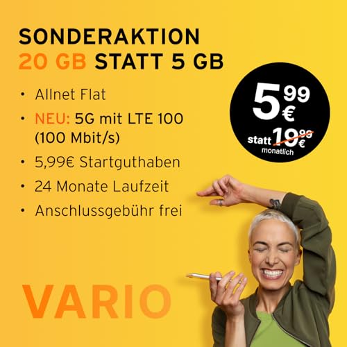 Vario S | 20 GB | 5,99 EUR/Mon. | Startguthaben 5,99 EUR | LTE 100 im Vodafone 5G-Netz | Telefon- SMS-Flat | EU-Roaming | 24 Mon. Laufzeit (Versand per E-Mail)