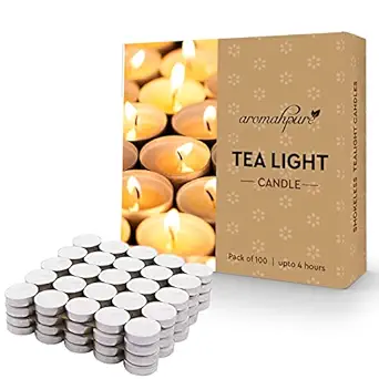 Aromahpure Unscented Decorative Tealight Candles | Soy Wax Tealight Candle | 10 gm, 100 Pcs | Unscented Smokeless Candles | 4 Hours Burning Time Guaranteed | for Home Decoration & Celebration