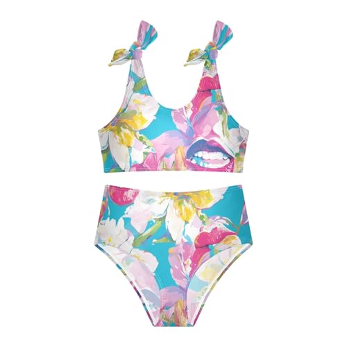 KLL Bright Floral Colorful Lips White Girl Two Piece Bikini Set Scoop Neck Swimsuits Swimwear Adjustable Strap3