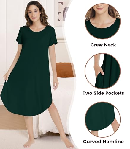Image of NACHILA Nightgowns for Women-Viscose Made from Bamboo, Short Sleeve Nightshirts Cool Sleep Dress Long Sleep Shirt