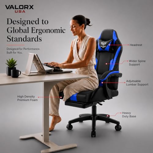 Image of Warrior 2026 Edition Gaming & Office Ergonomic Chair | Vegan Leather | 360 Swivel, High Back 135 Recliner | Adjustable Height & Linkage Armrest| Lumbar Support|3 Year Warranty, Navy Blue