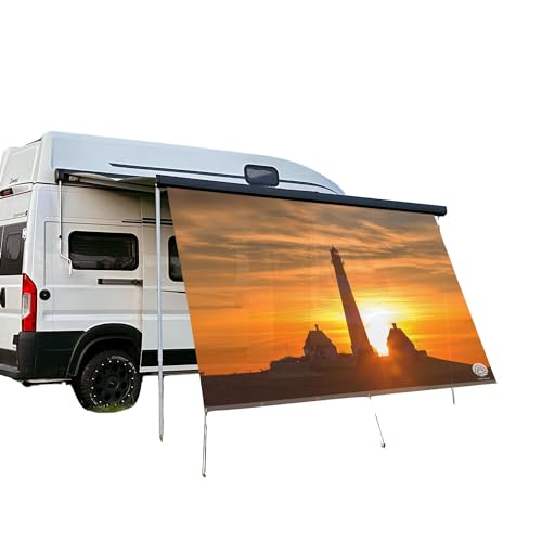 CAMPIDOO Toldos para pared frontal, protección contra el sol y la privacidad, impresión fotográfica HALLIG puesta de sol, fijación de barras de refuerzo, accesorios para autocaravanas (200 x 300 cm)