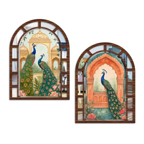 Image of Artvibes Peacock Floral & Royal Arch Theme Decorative Wall Hanging | Jharokha Mirror for Living Room, Bedroom, Hall, Dining Room, Office & Entryway | Gift (WHJ 12006N), Set of 2