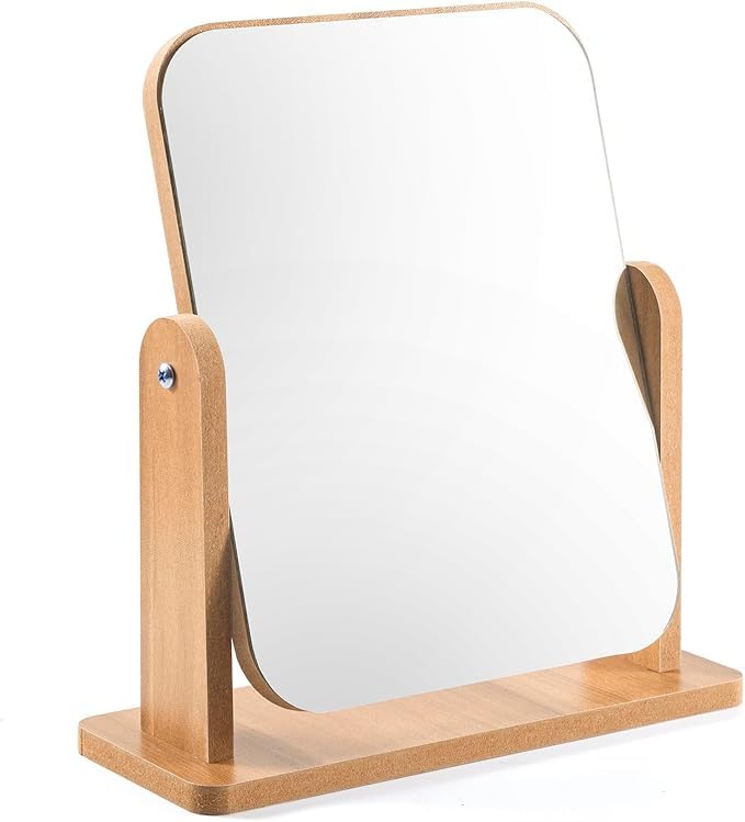 Vanity Mirror Wood Desk Makeup Mirror, 360° Swivel Desktop Square Mirror for Dressing Table Desk, Bathroom, Bedroom (1), 22 x 17CM-image-31