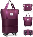 Foldable Duffel Bag with Detachable Rolling Wheels, Large Carry-On Luggage for Travel, Gym, Camping, Business Trip, Expandable Rolling Duffel (Purple)