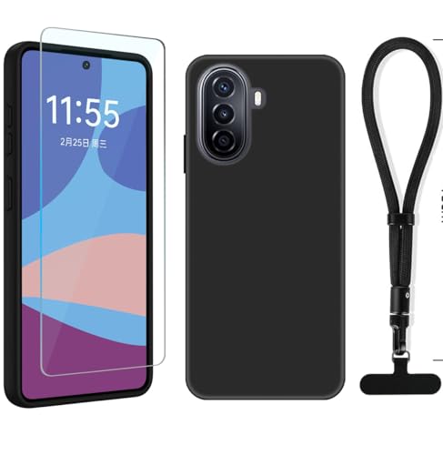 YonderYM Compatible for Huawei nova Y70 Case,with Screen Protector & Wrist Strap Lanyard Shockproof Protective Case Cover Onyx Black