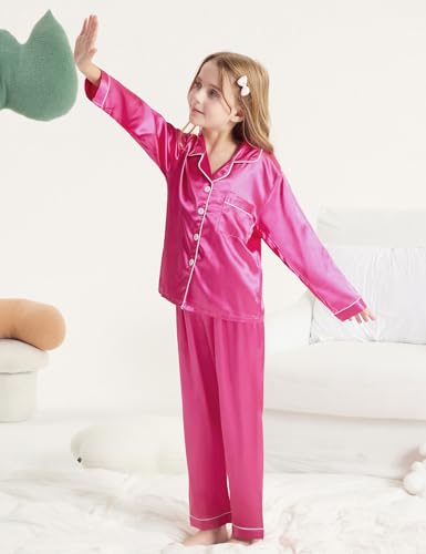 DIPUG Girls Satin Pajamas Long Sleeve Sleepwear Set Silky Feel Pjs for Kids Ages 4 to 132