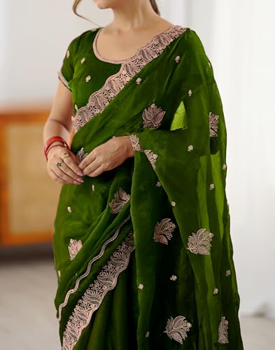Image of SIRIL Women's Chiffon Scalloped Border Sequins Embroidery Saree with Unstitched Blouse Piece