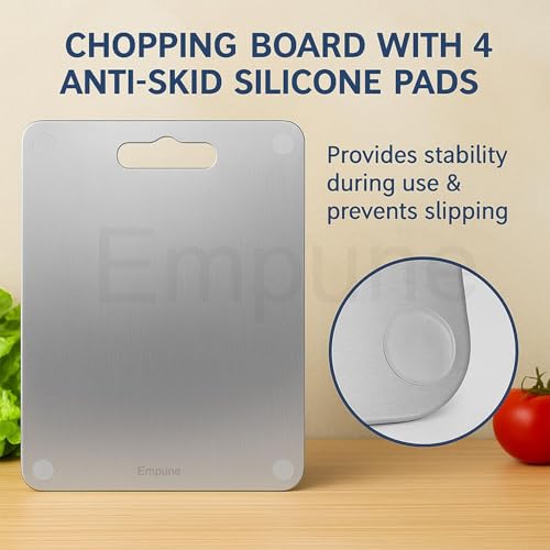 Image of Empune 304 Stainless Steel Rectangular Chopping Board for Kitchen | with 1 Steel Straw & Anti-Skid Silicon Pad | Both Side Usable | for Cutting Vegetables, Meat, Fish, Fruits | M | 31 x 21 cm