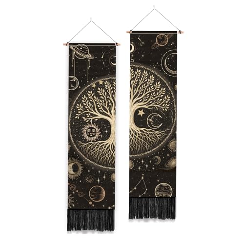 Tapisserie murale arbre de vie PLIGREAT lot de 2 suspensions lune et soleil 132x33cm