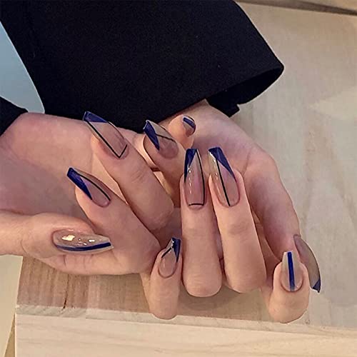 FunBeauty 24pcs Coffin French Press on Nails Simple Line Glossy Fake Nails Medium Length False Nails Acrylic Nails Full Cover Fake Fingernails