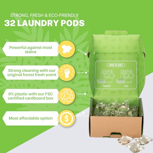 Image of Laundry Detergent Pods, 32 Count, Fresh Scent, Eco Friendly, Biodegradable, HE Compatible, Powerful Stain & Odor Removal, Skin Friendly