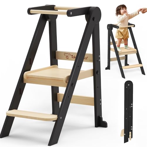 Foldable Toddler Kitchen Stool Helper, Toddler Standing Tower with 3 Adjustable Heights, Collapsible Wooden Step Stool for Kitchen & Bathroom, Montessori Learning Helper Tower for Toddlers Aged 1-6