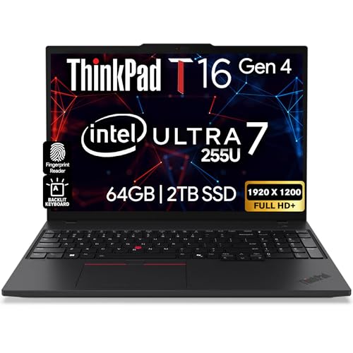 Image of Lenovo ThinkPad T16 Gen 4 Business Laptop, 16 inch WUXGA IPS Display, Intel Core Ultra 7 255U (Beats i7-1355U), 64GB DDR5 RAM, 2TB SSD, WiFi 6E, Backlit KB, Fingerprint Reader, Windows 11 Pro - Black