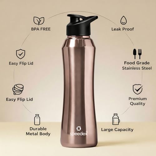 Image of Speedex Stainless Steel Water Bottle 1 Ltr, 1000 ml Metal Bottle For Daily, Office, School, Gym, Travel Use for Men, Women, Kids, Adults-Leak Proof Sipper Cap, BIS Approved, Copper Gold, Set of 4
