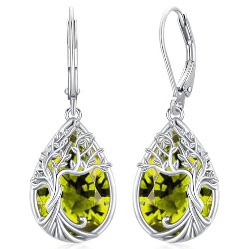 Odinstone Tree of Life Dangle Drop Earrings 925 Sterling Silver Dainty Teardrop Gemstone Birthstone Earring Hypoallergenic Jewelry Birthday Gifts for Women/Mother/Mom/Her