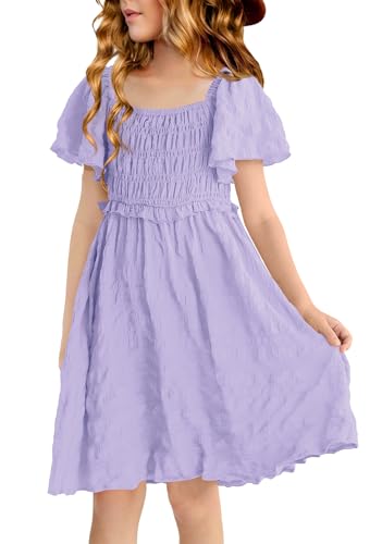 BesserBay Summer Girls Square Neck Smocked Short Sleeve Solid Midi Dress 5-14 Years