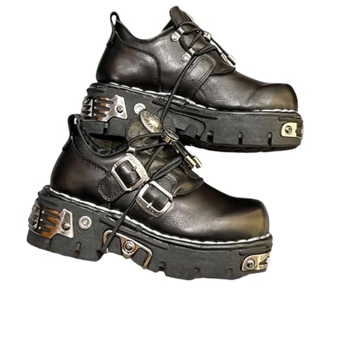 Bottes de moto plateforme basse cuir métallisé mixtes style punk rock vintage