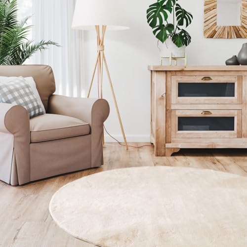Interiyou Tapis Salon Fargo à Poils Ras - 80x80 Rond Beige - Fausse Fourrure Douce - Lavable et antidérapant - Texture Moelleuse - pour Chambre, Bureau, Couloir