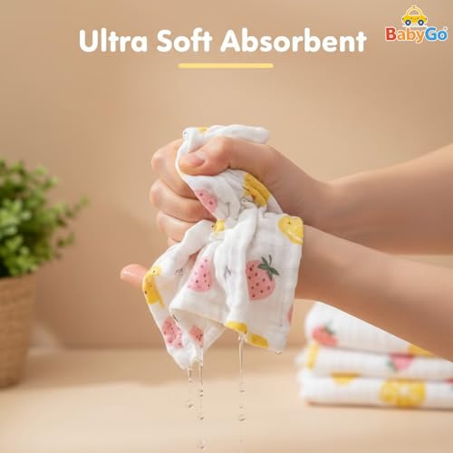 Image of BabyGo Muslin Baby Washcloths - 6 Layer Ultra Soft Cotton Baby Towels | Highly Absorbent Face Towels for Newborns, Kids & Toddlers | Quick Dry Burp Cloths & Bath Essentials (Large) - Pack of 5