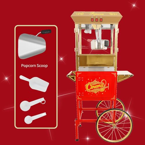 Image of Large Popcorn Machine with Cart: Vintage Commercial Popcorn Maker Movie Theater Style Makes Up to 64 Cups for Home Party Office, 16 Oz Popcorn Machine with Cart, Red