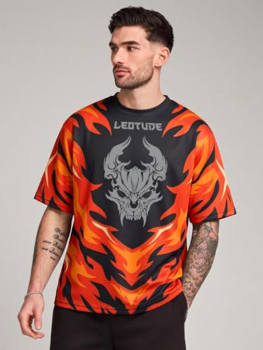Image of LEOTUDE Men's Fire Flame and Skull Graphic Printed Oversized Polyester