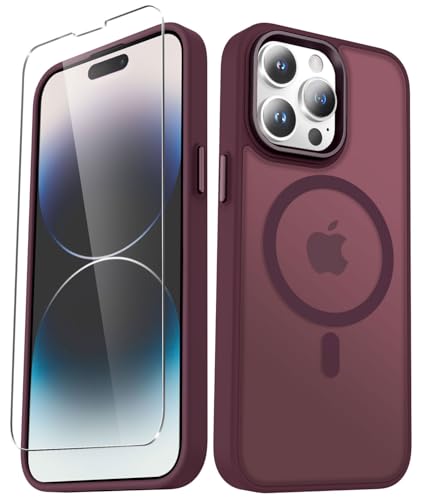 Image of YENAPOON for iPhone 14 Pro Max Case, Matte Magnetic Phone Case, Wine Red | Fit for Magsafe, Screen Protector Included, Translucent Frosted Slim Shockproof Protective Cover