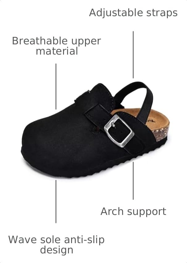 Image of Torotto Kids Suede Clogs Toddler Boys Girls Cork Footbed Clogs with Arch Support & Adjustable Straps for Indoor & Outdoor