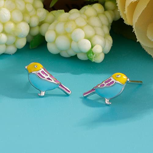 Colorful Bling Cute Bird Stud Earrings For Women Girls 925 Sterling Silver Gold Plated Tiny Small Animal Pet Enameled Blue Yellow Pink Feather Birds Nickel Free Piercing Ear Jewelry Dainty Gift #TOP4