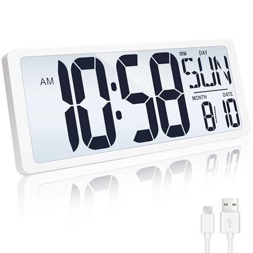 KMMKGG 4.6' Numbers Display Built-in Rechargeable Power 15' Atomic White Wall Clock -Night...