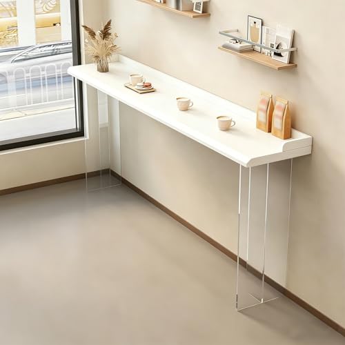 CMYAOYC Mesa de Bar Flotante Adosada a la Pared, Encimera de Madera Maciza, Patas de Acrílico Transparente, Mesa de Desayuno Moderna Ahorradora de Espacio para Cocina(White,120cm)