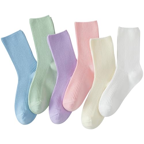 Image of Flydo 6 Pairs Crew Socks for Women Cute White Cotton Casual Soft Socks