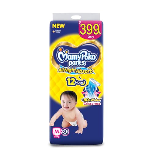 Image of MamyPoko Pants All Night Absorb Baby Diapers, Medium (M), 30 Count 7-12 kg