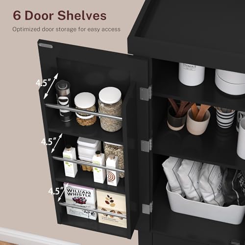 Iwell 72” Kitchen Pantry Cabinet, Tall Storage Cabinet with 6 Hanging Shelves and Adjustable Shelves, Freestanding Cupboard with 4 Doors and 1 Drawer for Kitchen, Dining Room,Living Room, Black