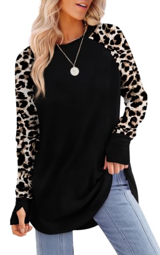 Image of XIEERDUO Womens Tunic Tops to Wear with Leggings Long Sleeve Thumb Hole Shirts Crew Neck Curved Hem