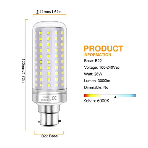 HZSANUE Led Light Bulbs 26W, 200W Incandescent Bulbs Equivalent, 3000Lm, 6000K Daylight White, B22 Bayonet Cap, Pack of 3