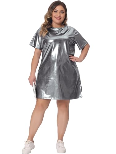 Image of Agnes Orinda Plus Size Dress for Women Metallic Round Neck Short Sleeve Party Clubwear Loose Mini T-Shirt Dress