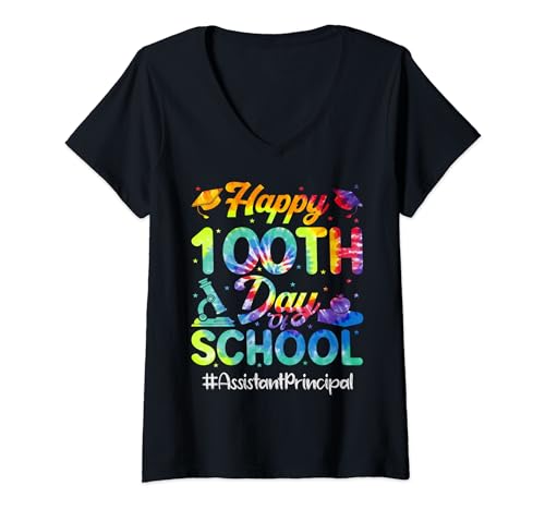 Femme La directrice adjointe Joyeuse 100e journée d'école aux femmes Groovy T-Shirt avec Col en V
