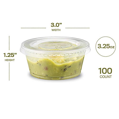 Image of Clear Disposable Plastic Portion Cups With Lids (100 Sets - 3.25 Oz) - Disposable Condiment Cups, Thanksgiving Sauce /Dip /Dressing Cups, Souffle Cups & Jello Shot Cups With Lids